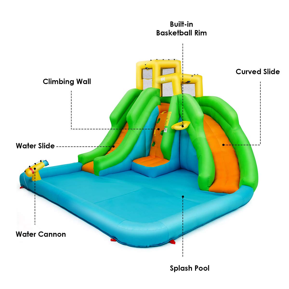 Castillo Inflable Goplus con 2 Toboganes, Piscina, Pared de Escalada y Canasta de Baloncesto – Parque Acuático Hinchable para Niños