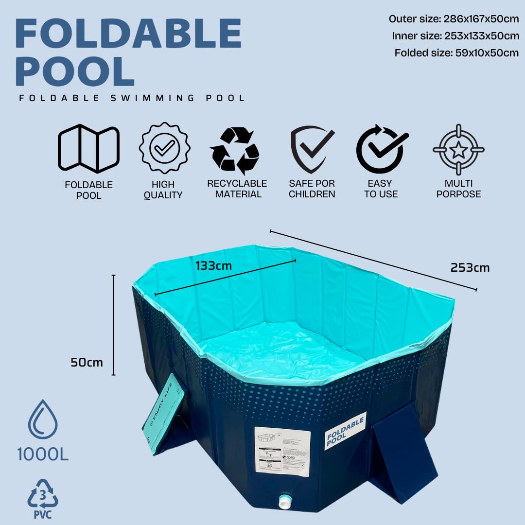 Piscina Plegable Industex para Niños, Adultos y Mascotas – No Inflable, 253×133×50 cm