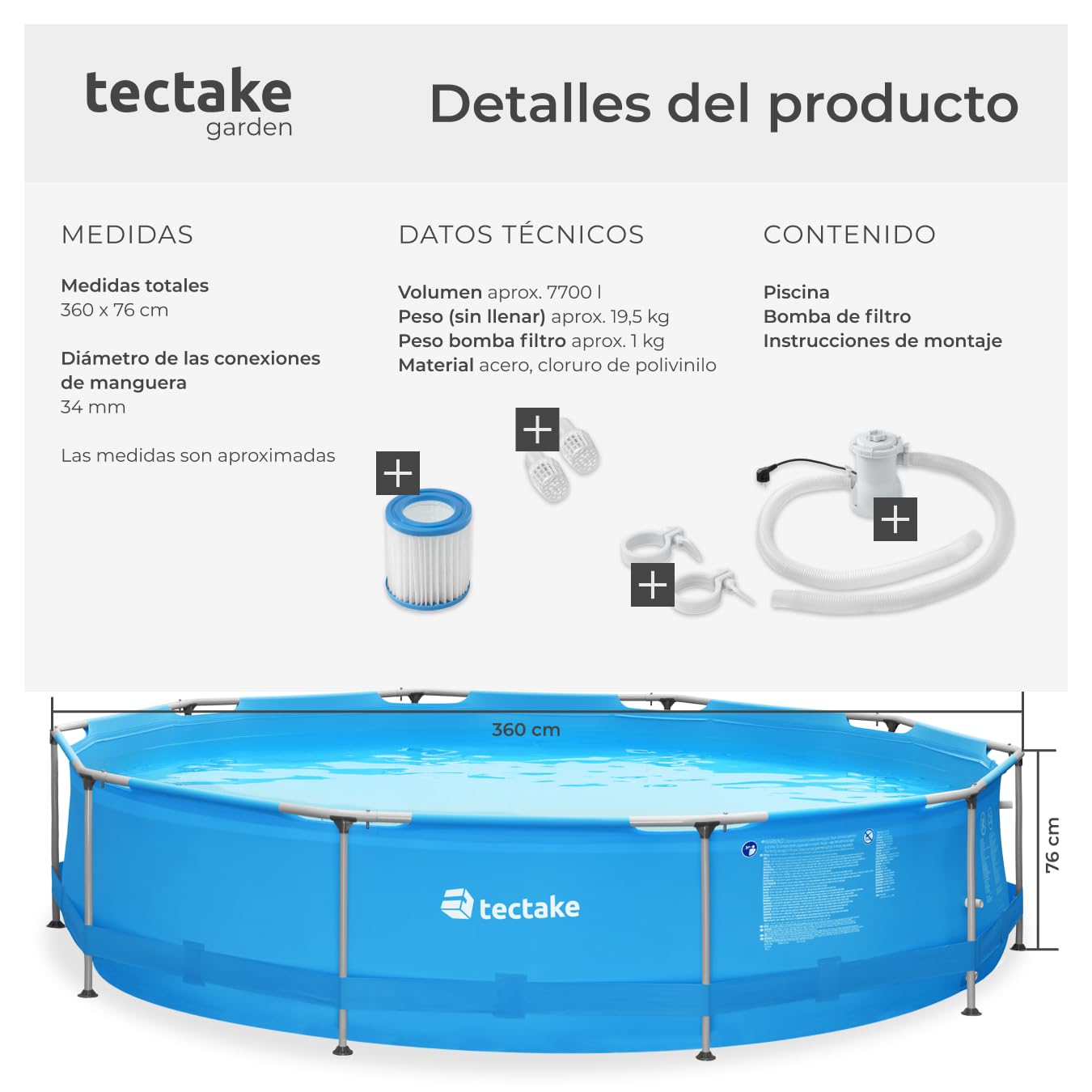 Piscina Redonda Desmontable Tectake 360 cm con Estructura de Acero y Depuradora – Fácil Montaje, Resistente para Exterior