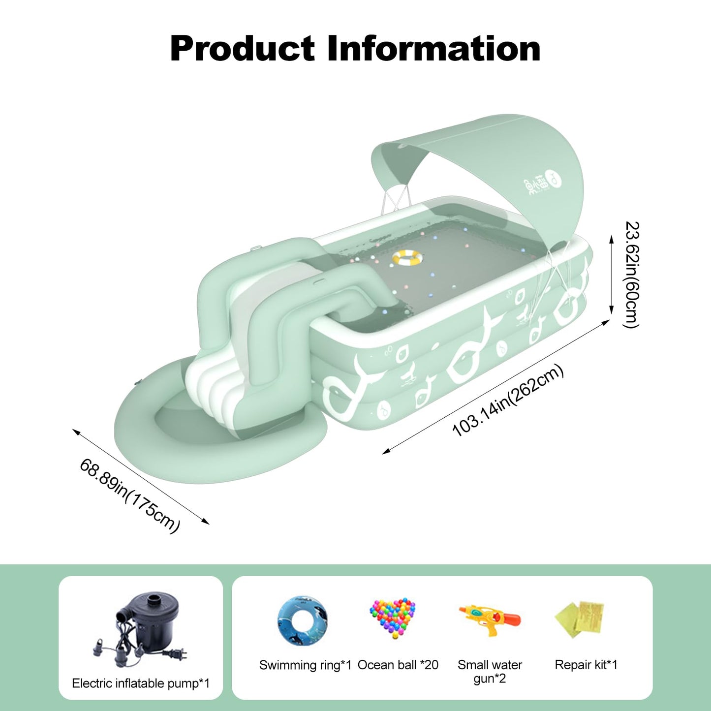 Piscina Hinchable Rectangular Ergocar Verde con Tobogán Integrado – Para Niños y Adultos