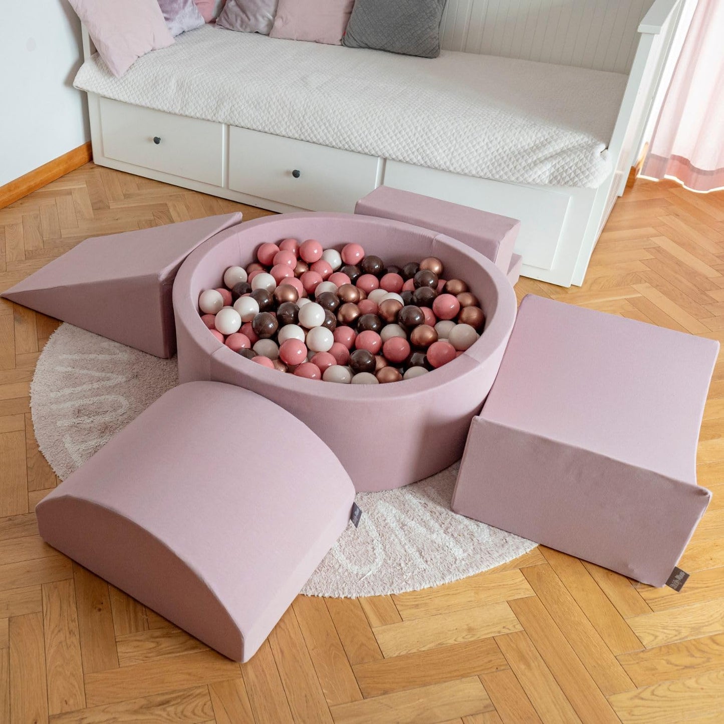 Parque Infantil de Espuma KiddyMoon con Piscina de Bolas Redonda (300 bolas) – Versión 1, Colores Pastel