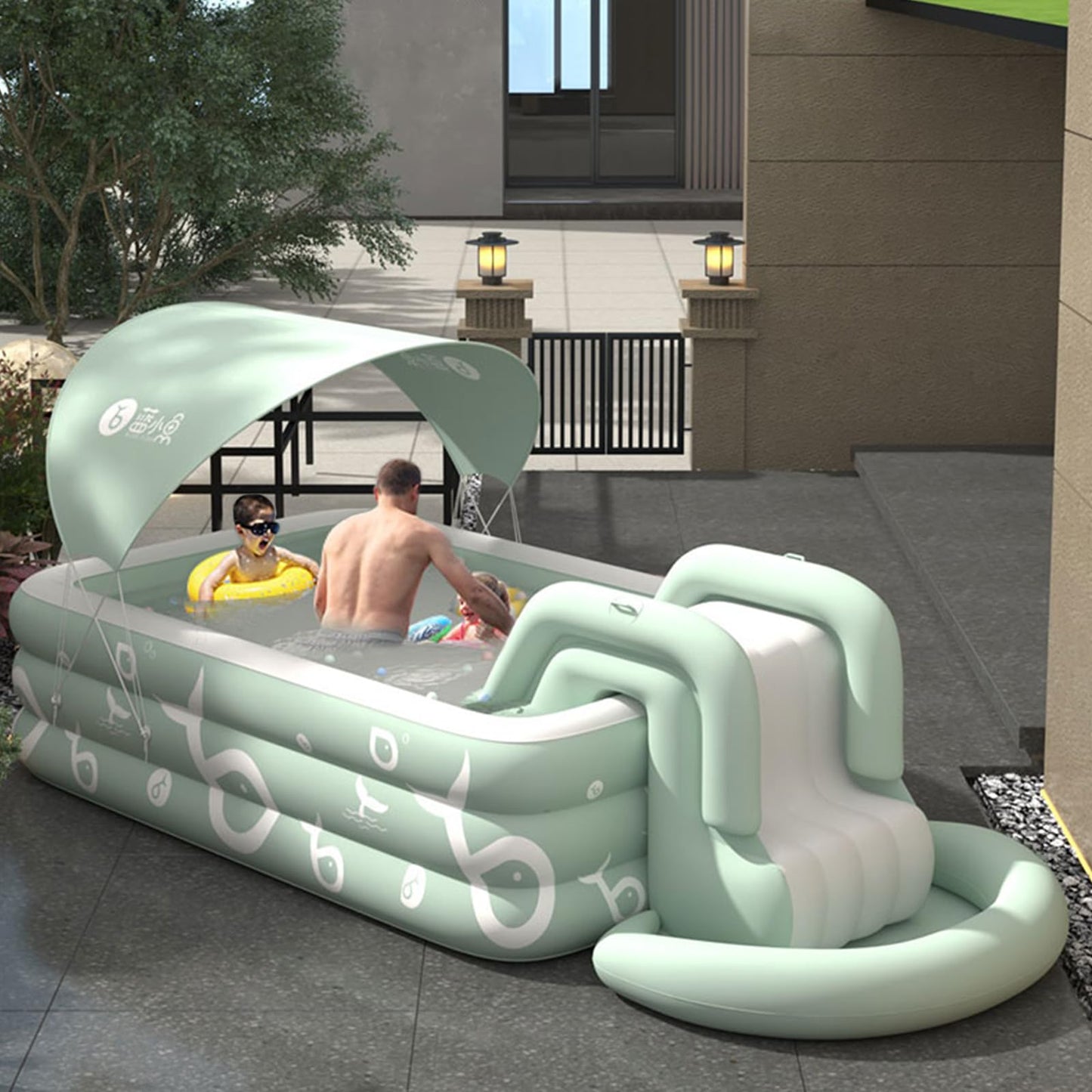 Piscina Hinchable Rectangular Ergocar Verde con Tobogán Integrado – Para Niños y Adultos