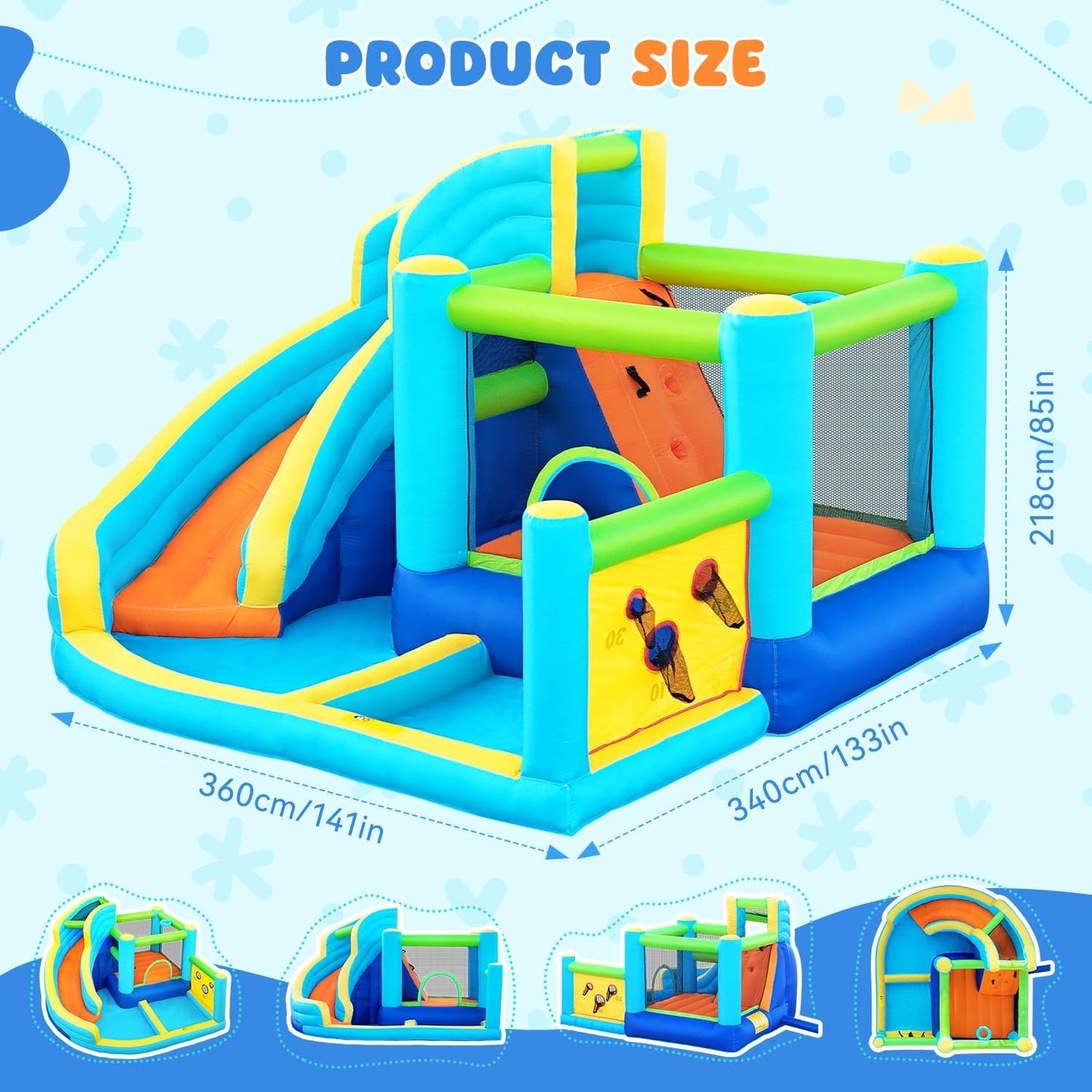 Castillo Hinchable Acuático FBSPORT con Tobogán, Trampolín, Pared de Escalada y Piscina – Para Jardín Interior y Exterior, 360×340×218 cm