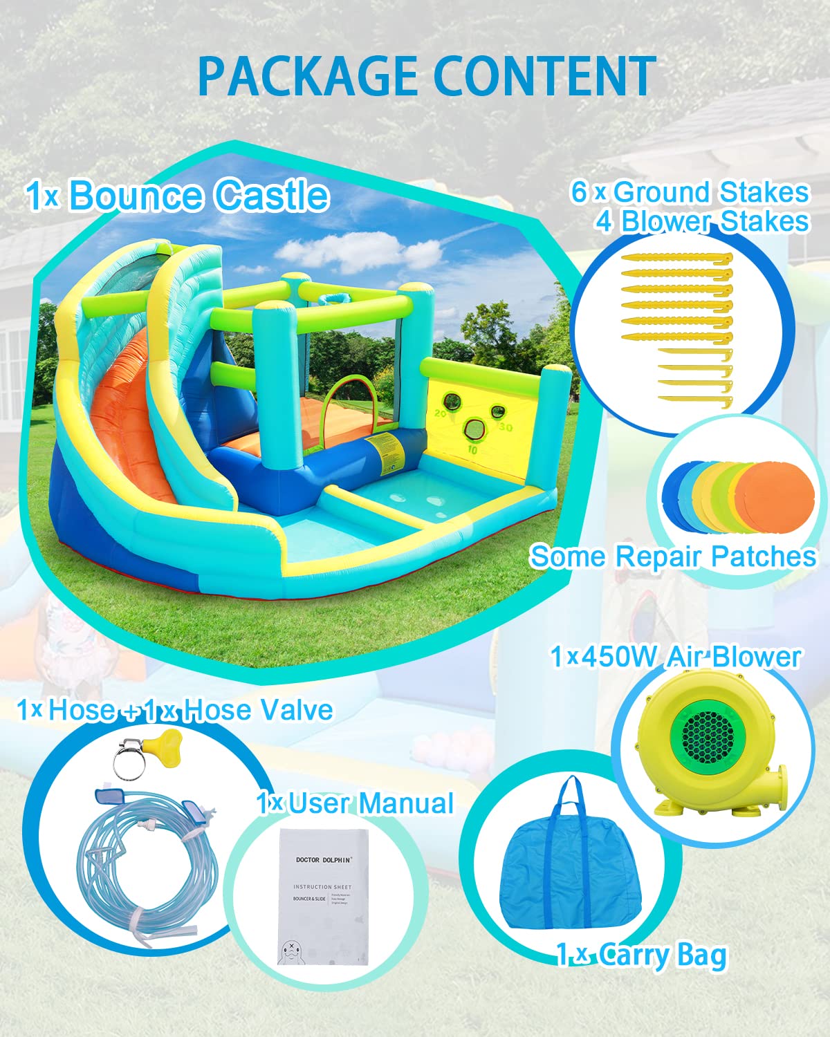 Castillo Hinchable Acuático FBSPORT con Tobogán, Trampolín, Pared de Escalada y Piscina – Para Jardín Interior y Exterior, 360×340×218 cm