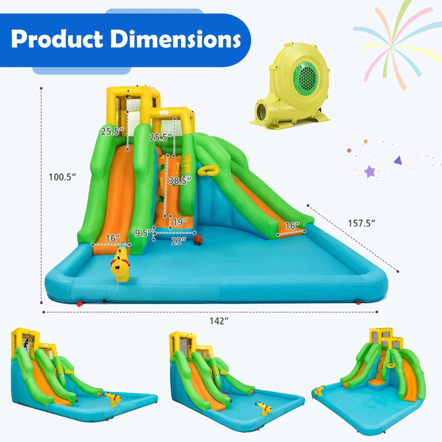 Castillo Inflable Goplus con 2 Toboganes, Piscina, Pared de Escalada y Canasta de Baloncesto – Parque Acuático Hinchable para Niños