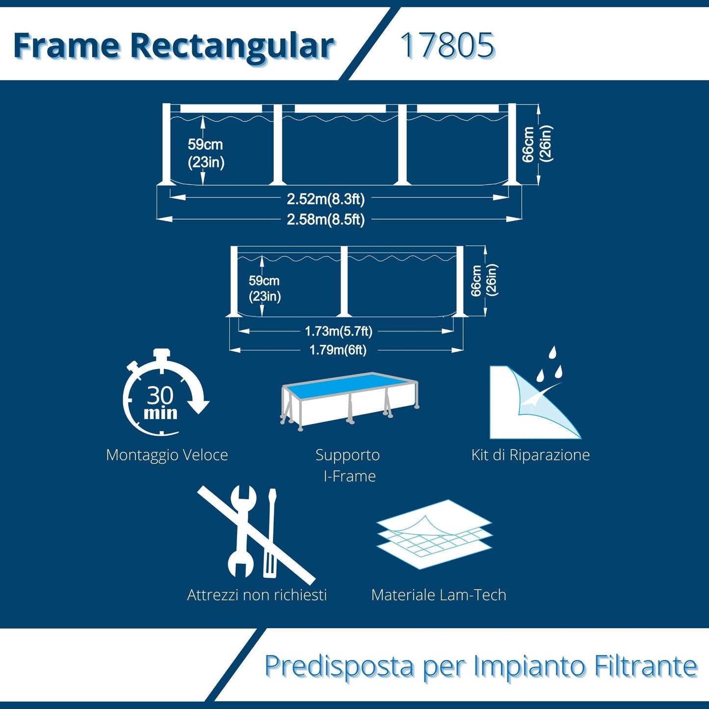 Piscina Desmontable Rectangular Avenli 258×179×55 cm – Fácil Montaje para Jardín