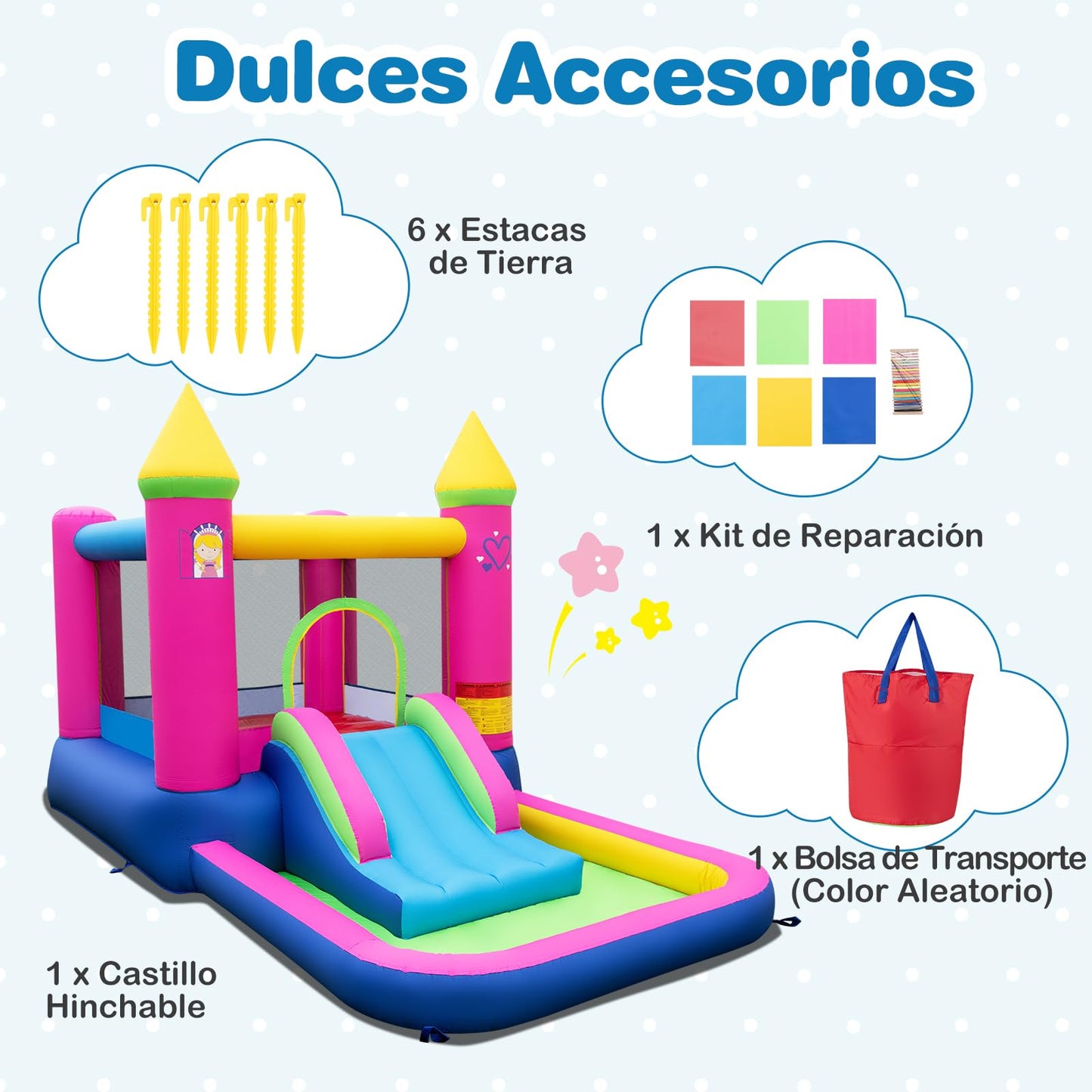 Casa Inflable Saltarina GOPLUS Castillo de Princesa con Tobogán, Piscina de Pelotas y Aro de Baloncesto – Incluye Bolsa de Transporte
