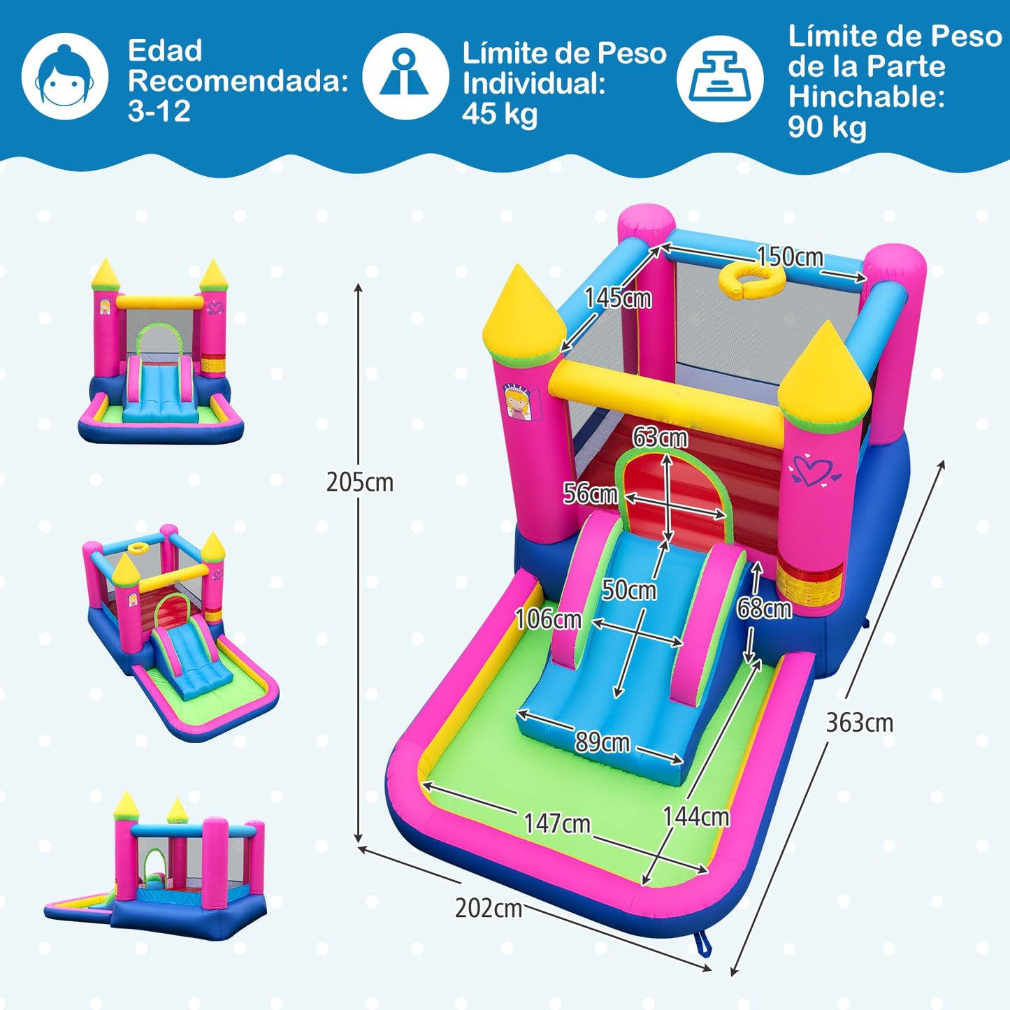 Casa Inflable Saltarina GOPLUS Castillo de Princesa con Tobogán, Piscina de Pelotas y Aro de Baloncesto – Incluye Bolsa de Transporte