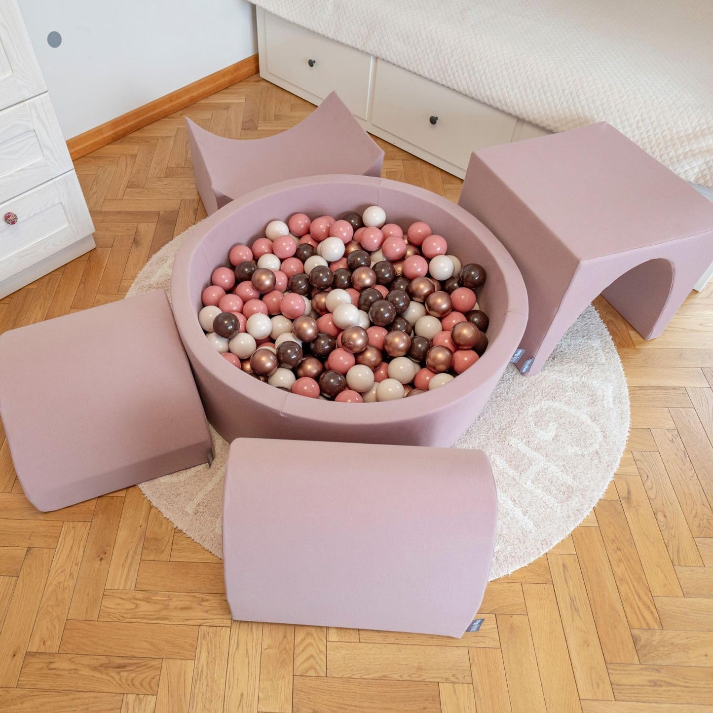 Parque Infantil de Espuma KiddyMoon con Piscina de Bolas Redonda (300 bolas) – Versión 1, Colores Pastel