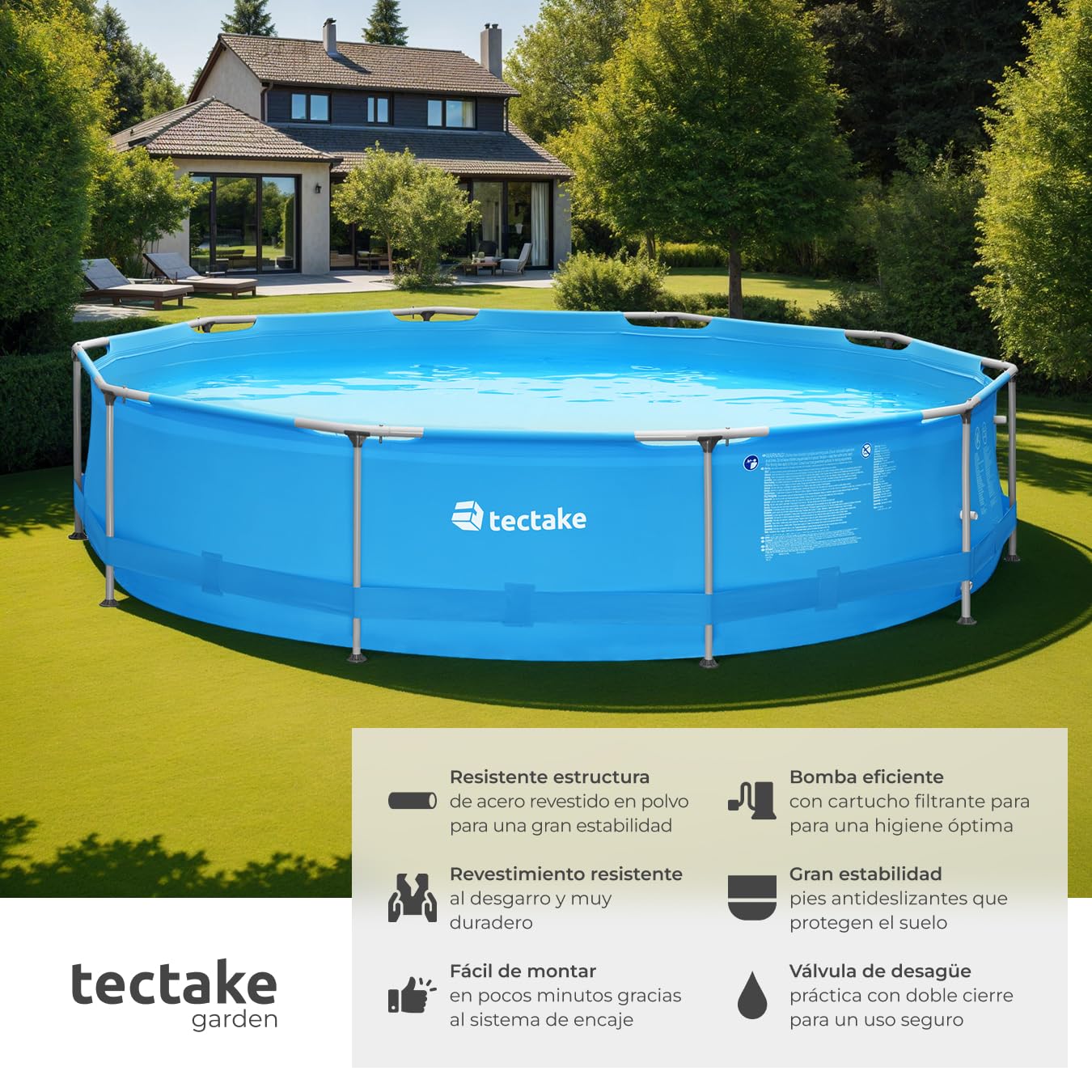 Piscina Redonda Desmontable Tectake 360 cm con Estructura de Acero y Depuradora – Fácil Montaje, Resistente para Exterior