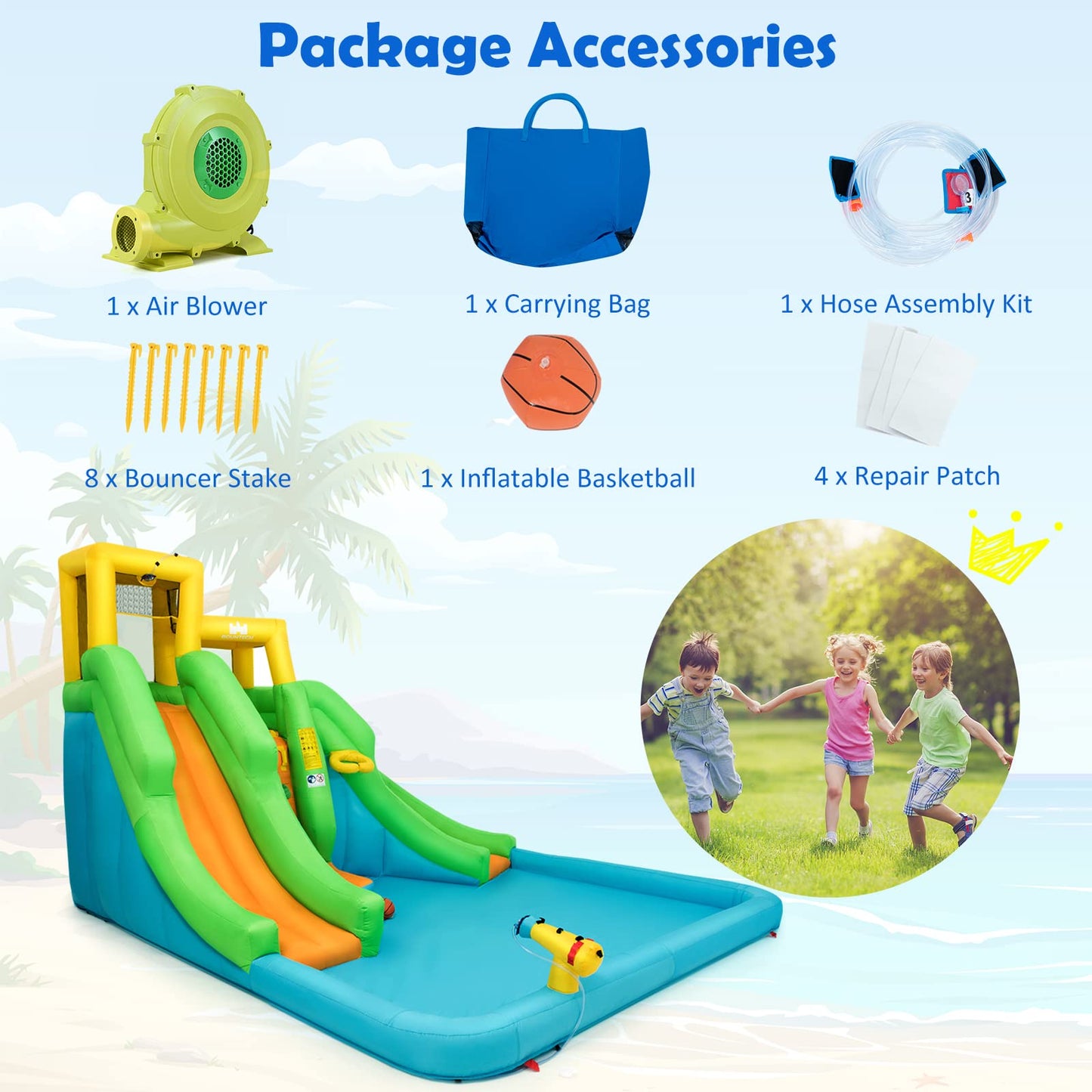 Castillo Inflable Goplus con 2 Toboganes, Piscina, Pared de Escalada y Canasta de Baloncesto – Parque Acuático Hinchable para Niños
