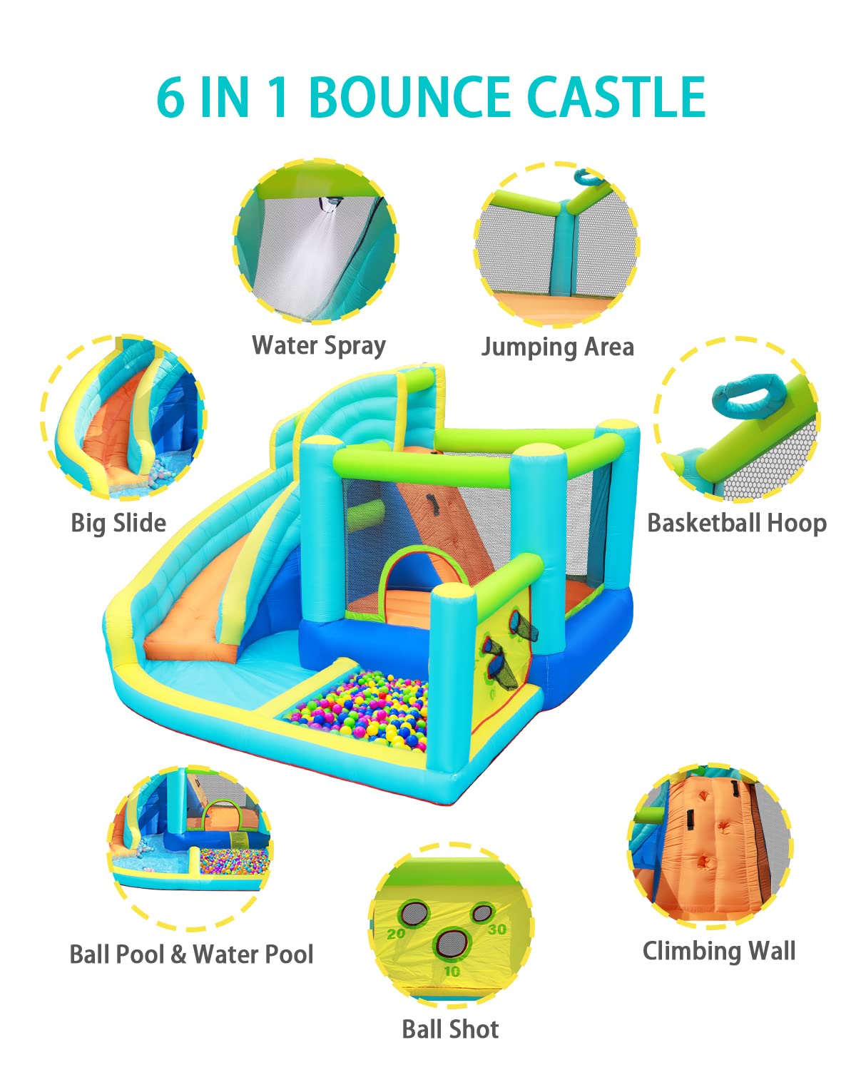 Castillo Hinchable Acuático FBSPORT con Tobogán, Trampolín, Pared de Escalada y Piscina – Para Jardín Interior y Exterior, 360×340×218 cm
