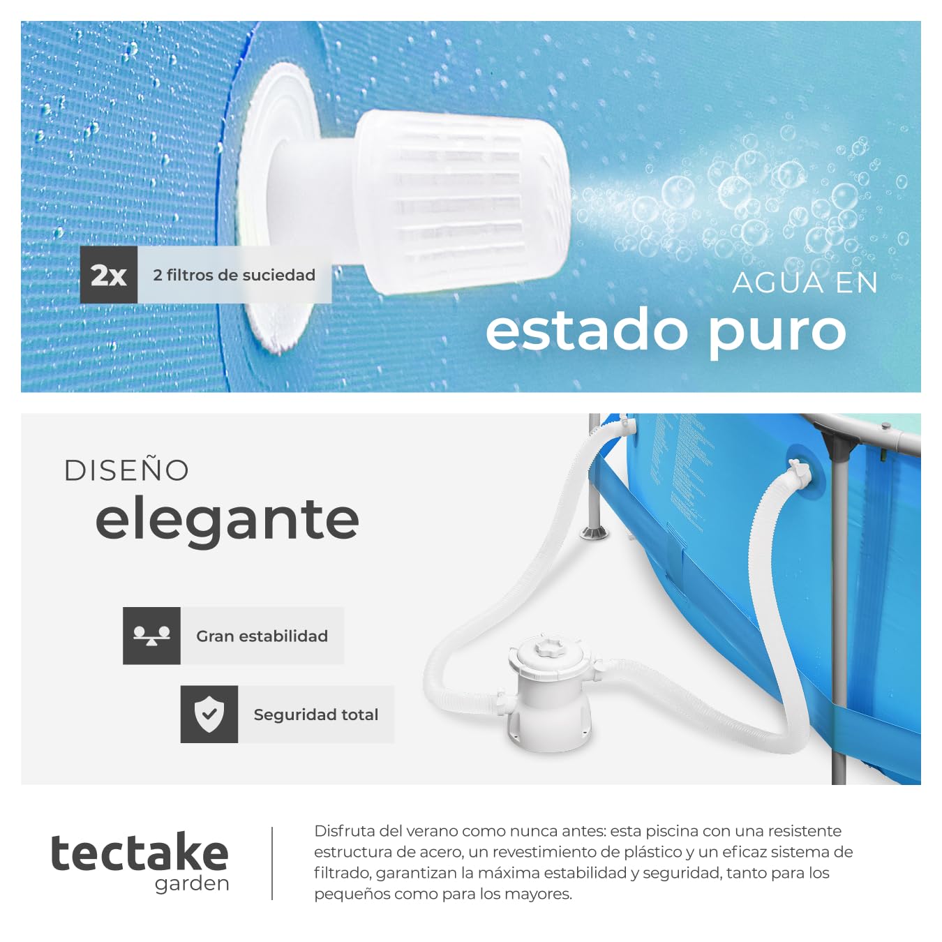 Piscina Redonda Desmontable Tectake 360 cm con Estructura de Acero y Depuradora – Fácil Montaje, Resistente para Exterior