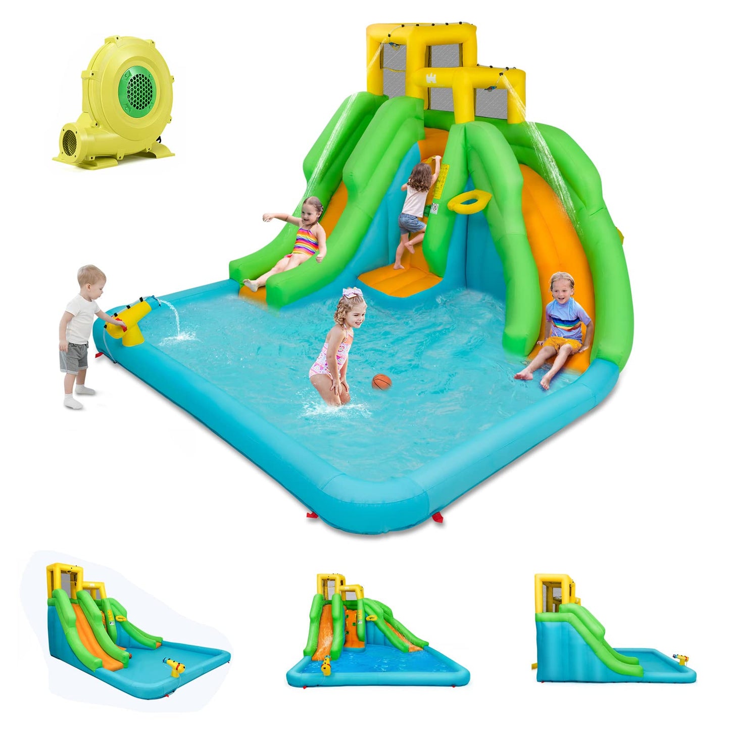Castillo Inflable Goplus con 2 Toboganes, Piscina, Pared de Escalada y Canasta de Baloncesto – Parque Acuático Hinchable para Niños