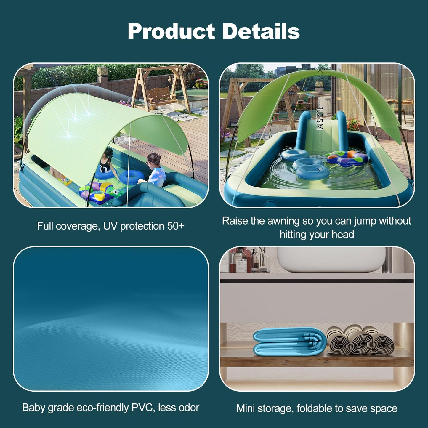 Ergocar Piscina Infantil Hinchable, Piscina Rectangular con Tobogán y Toldo, Piscina para Fiesta AcuáTica De Verano para Niños, Adultos, Familias