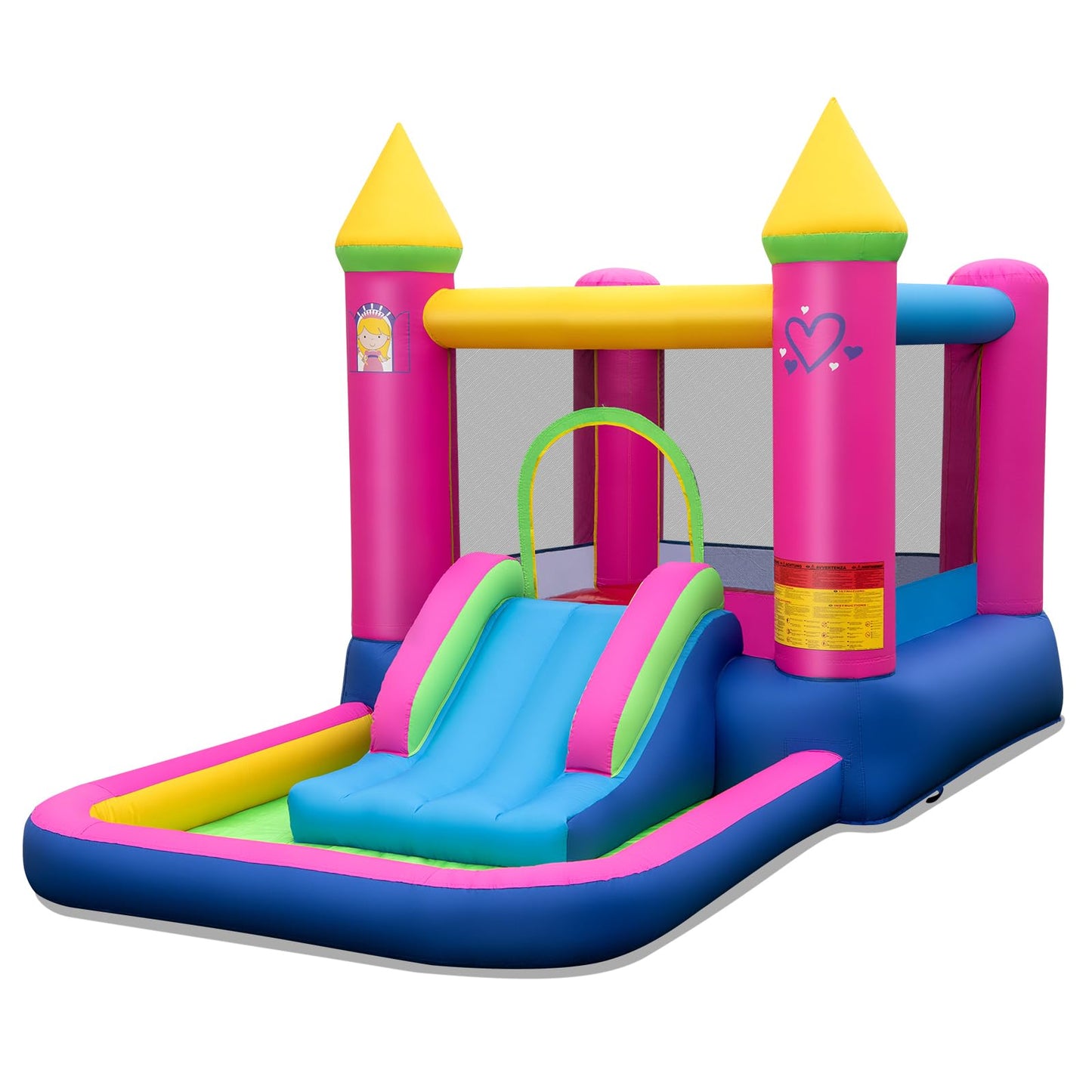 Casa Inflable Saltarina GOPLUS Castillo de Princesa con Tobogán, Piscina de Pelotas y Aro de Baloncesto – Incluye Bolsa de Transporte