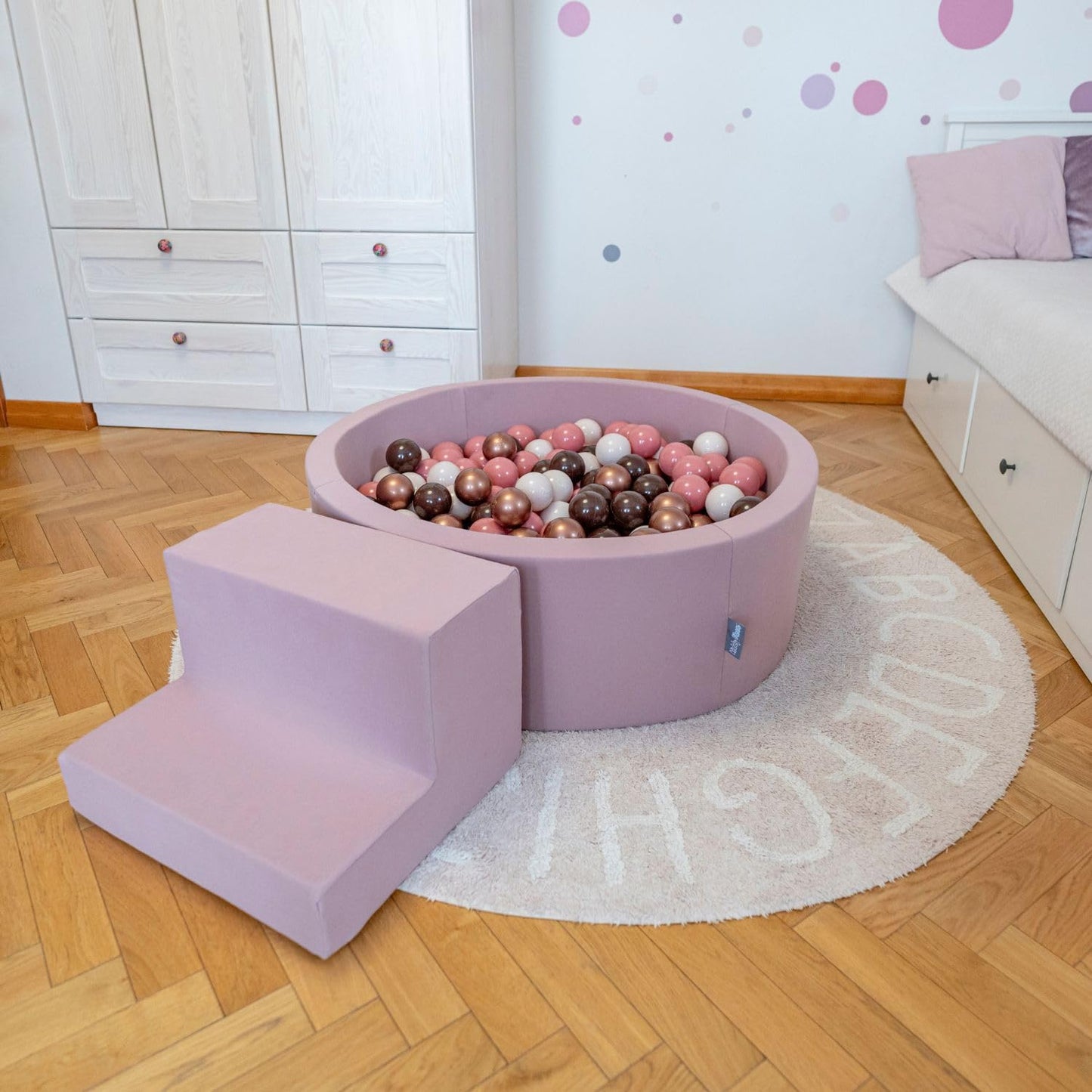 Parque Infantil de Espuma KiddyMoon con Piscina de Bolas Redonda (300 bolas) – Versión 4, Colores Marrón, Cobre, Beige y Salmón