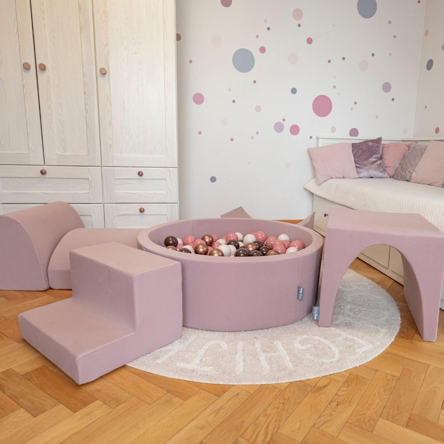 Parque Infantil de Espuma KiddyMoon con Piscina de Bolas Redonda (300 bolas) – Versión 1, Colores Pastel