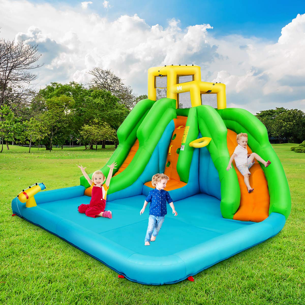 Castillo Inflable Goplus con 2 Toboganes, Piscina, Pared de Escalada y Canasta de Baloncesto – Parque Acuático Hinchable para Niños