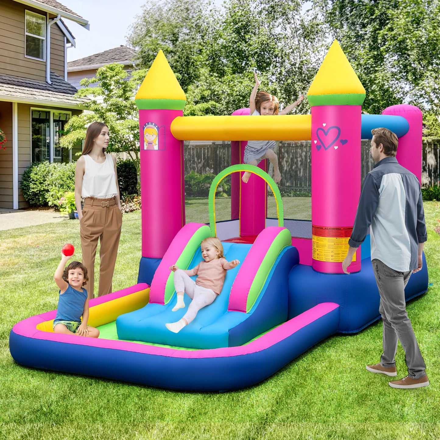 Casa Inflable Saltarina GOPLUS Castillo de Princesa con Tobogán, Piscina de Pelotas y Aro de Baloncesto – Incluye Bolsa de Transporte