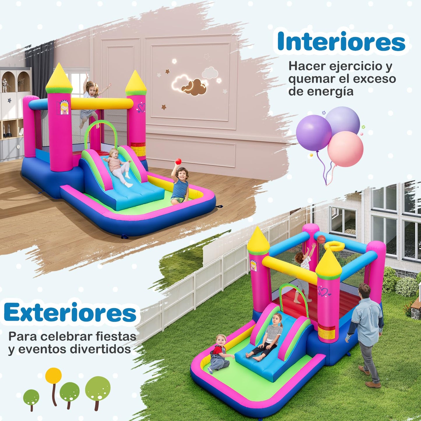 Casa Inflable Saltarina GOPLUS Castillo de Princesa con Tobogán, Piscina de Pelotas y Aro de Baloncesto – Incluye Bolsa de Transporte