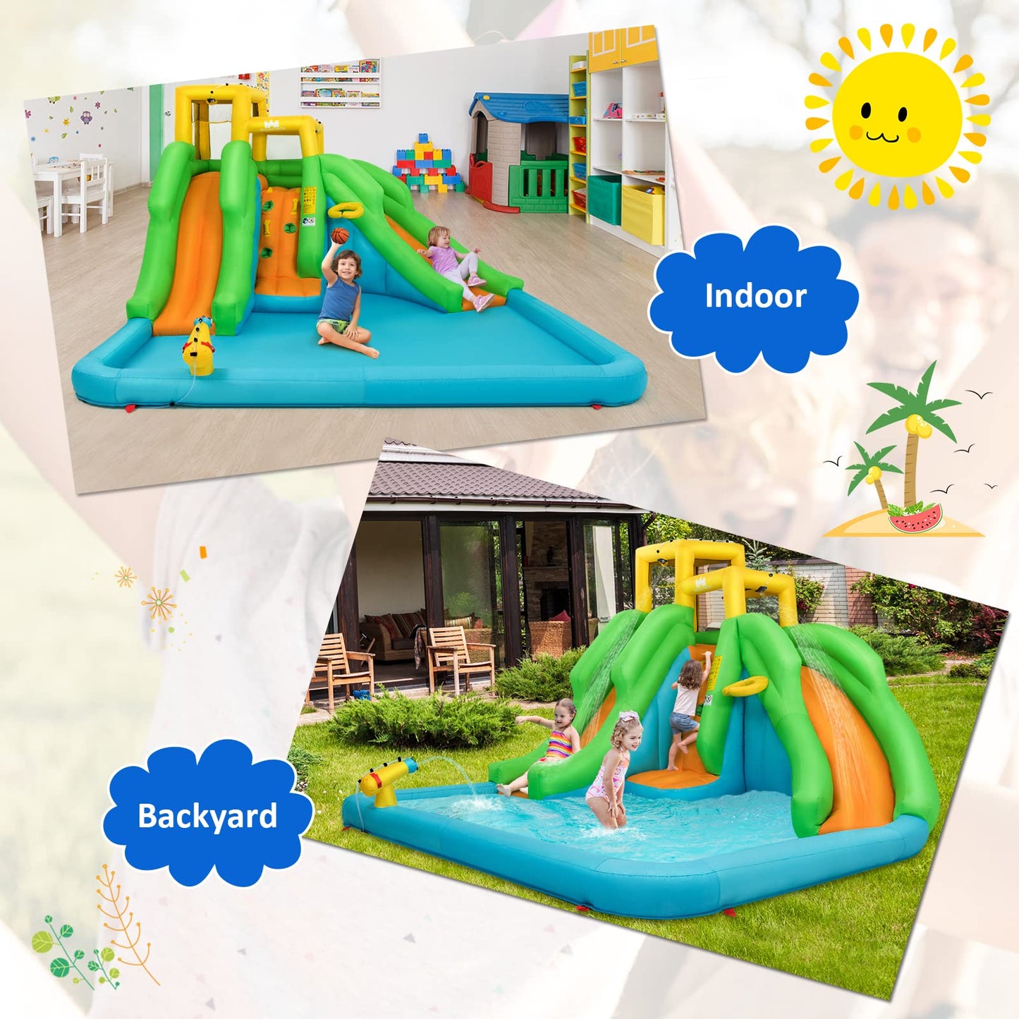 Castillo Inflable Goplus con 2 Toboganes, Piscina, Pared de Escalada y Canasta de Baloncesto – Parque Acuático Hinchable para Niños