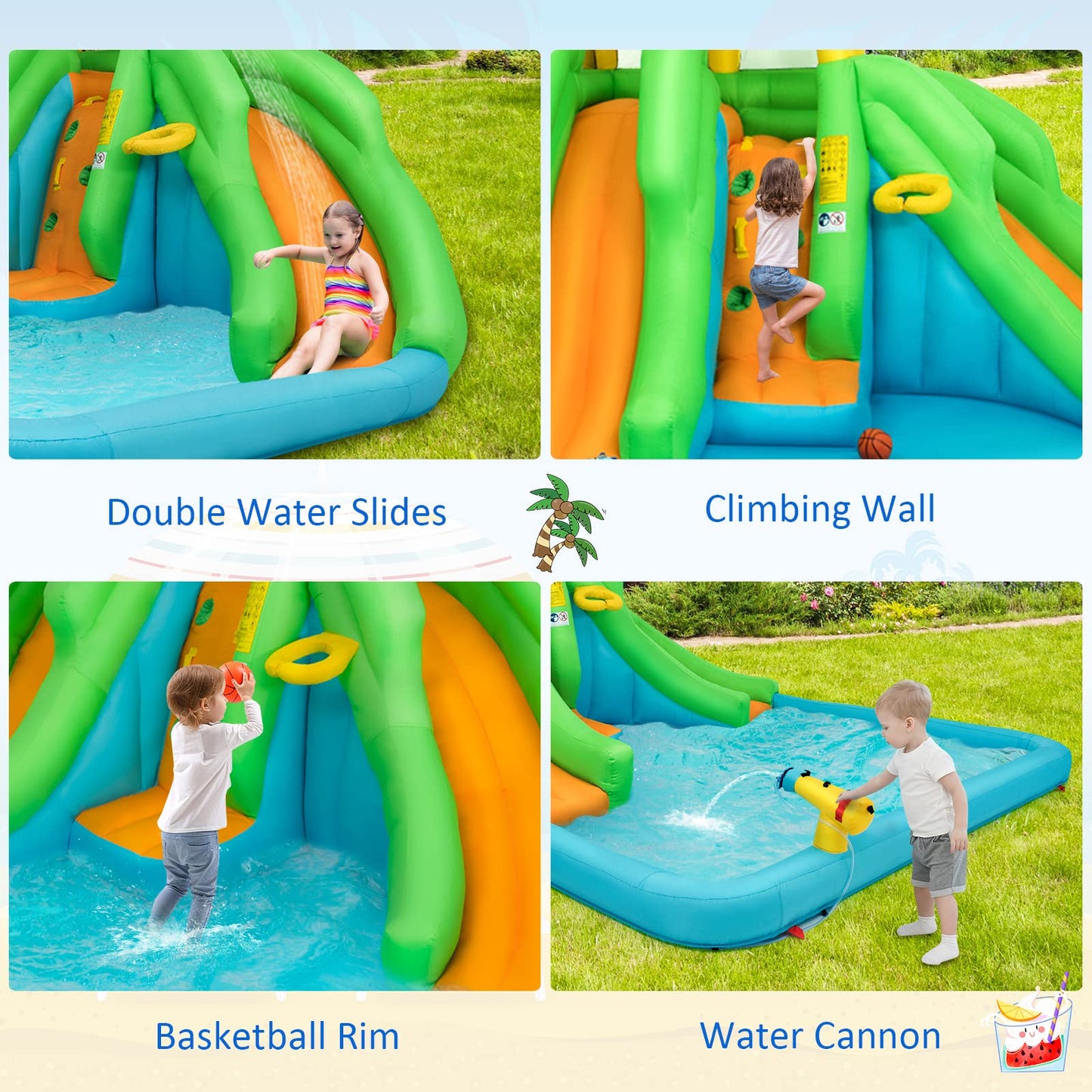 Castillo Inflable Goplus con 2 Toboganes, Piscina, Pared de Escalada y Canasta de Baloncesto – Parque Acuático Hinchable para Niños