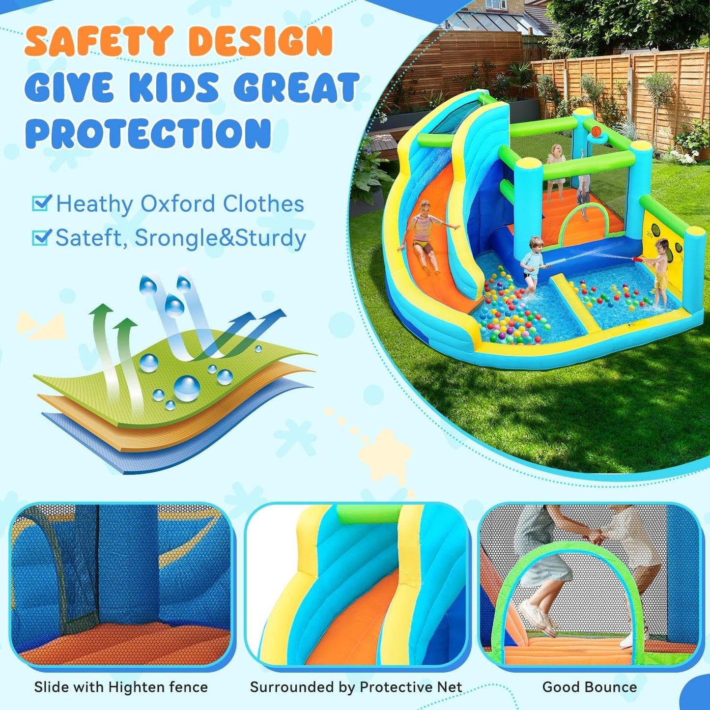 Castillo Hinchable Acuático FBSPORT con Tobogán, Trampolín, Pared de Escalada y Piscina – Para Jardín Interior y Exterior, 360×340×218 cm