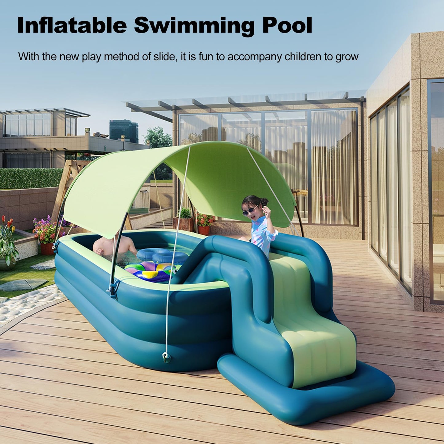 Ergocar Piscina Infantil Hinchable, Piscina Rectangular con Tobogán y Toldo, Piscina para Fiesta AcuáTica De Verano para Niños, Adultos, Familias