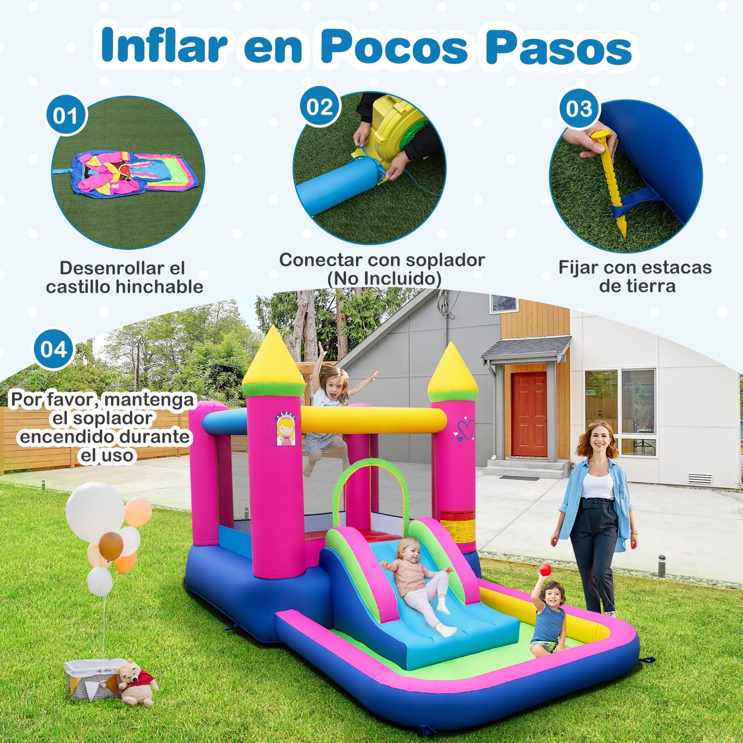 Casa Inflable Saltarina GOPLUS Castillo de Princesa con Tobogán, Piscina de Pelotas y Aro de Baloncesto – Incluye Bolsa de Transporte