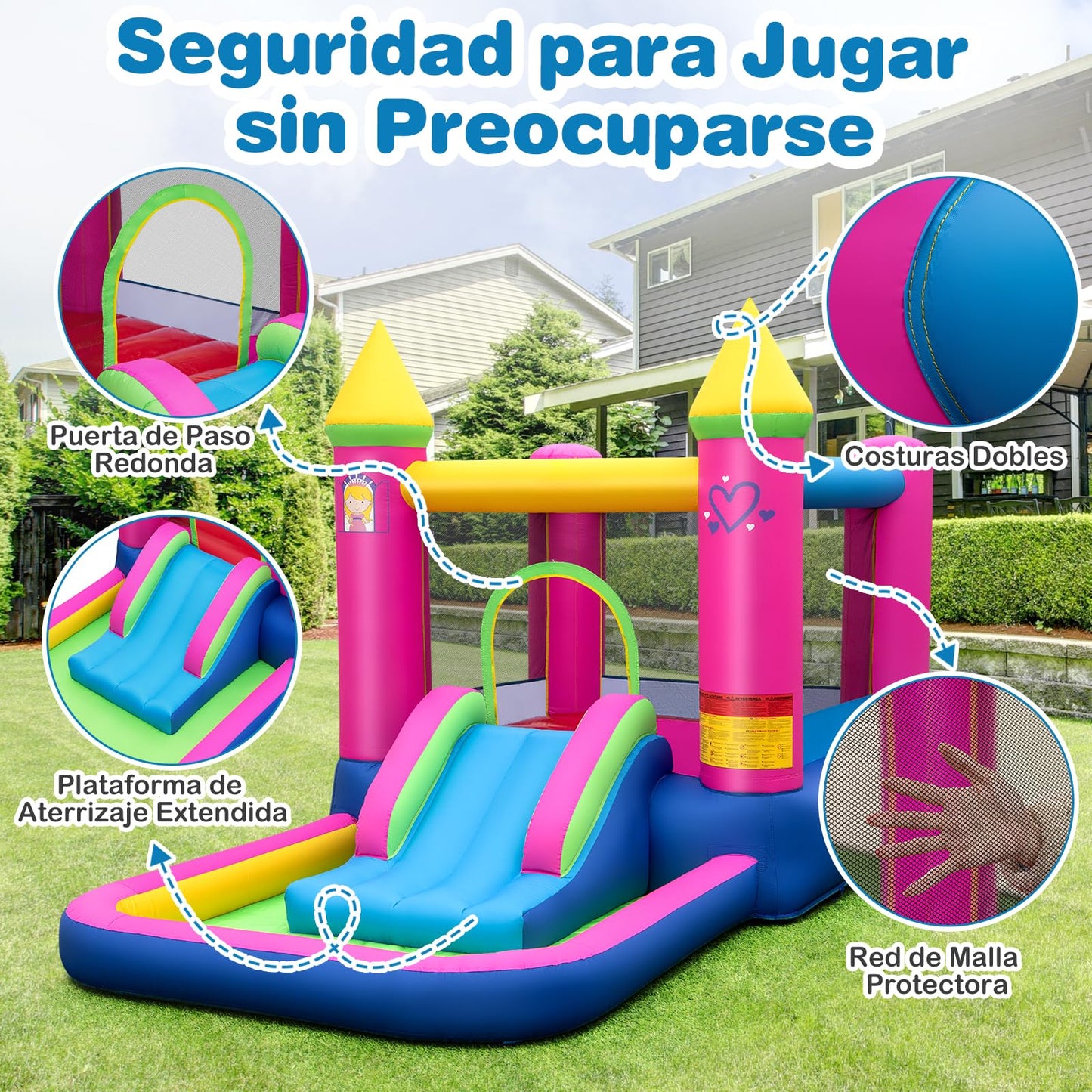 Casa Inflable Saltarina GOPLUS Castillo de Princesa con Tobogán, Piscina de Pelotas y Aro de Baloncesto – Incluye Bolsa de Transporte