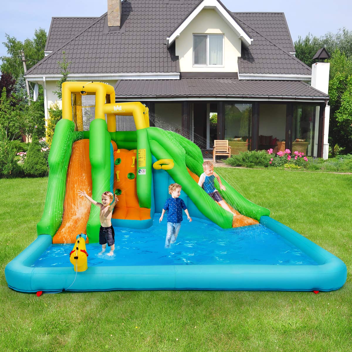 Castillo Inflable Goplus con 2 Toboganes, Piscina, Pared de Escalada y Canasta de Baloncesto – Parque Acuático Hinchable para Niños