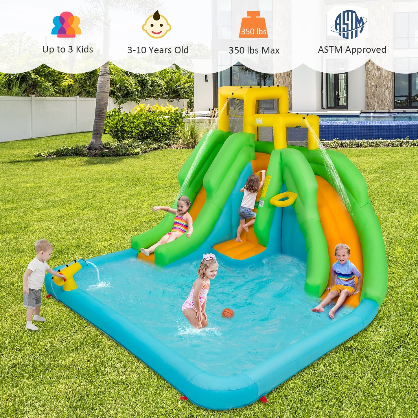 Castillo Inflable Goplus con 2 Toboganes, Piscina, Pared de Escalada y Canasta de Baloncesto – Parque Acuático Hinchable para Niños