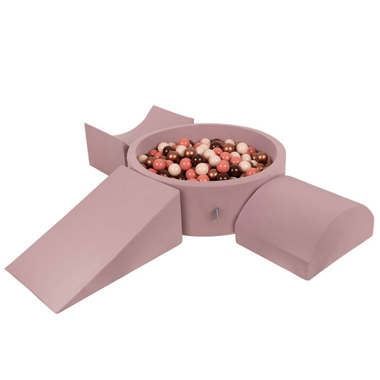 Parque Infantil de Espuma KiddyMoon con Piscina de Bolas Redonda (300 bolas) – Versión 4, Colores Marrón, Cobre, Beige y Salmón