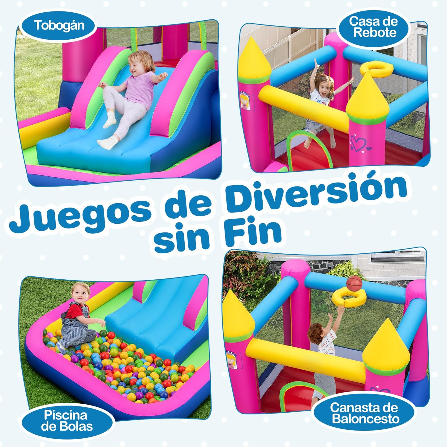 Casa Inflable Saltarina GOPLUS Castillo de Princesa con Tobogán, Piscina de Pelotas y Aro de Baloncesto – Incluye Bolsa de Transporte